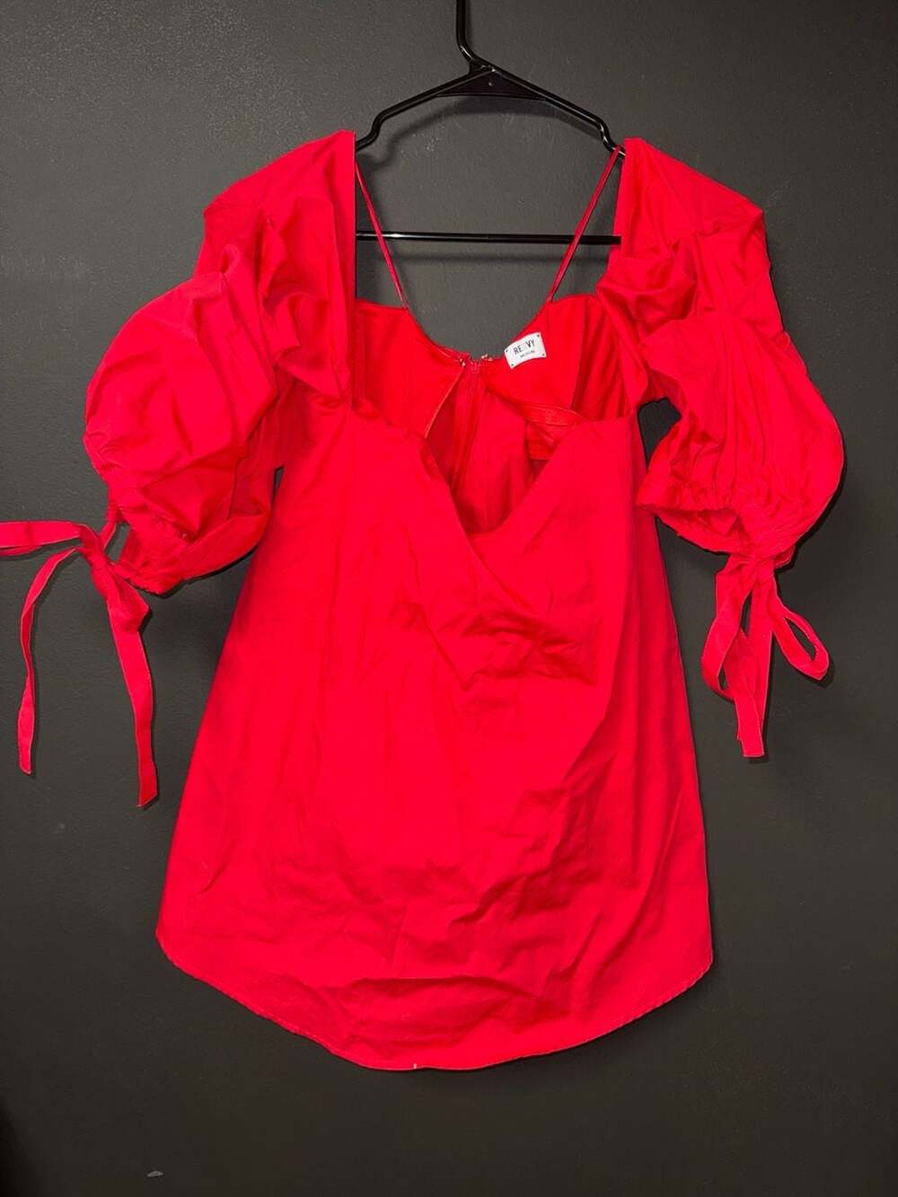 Renvy Red Off-The-Shoulder Puff Sleeve Tie Cuff Top Size Medium